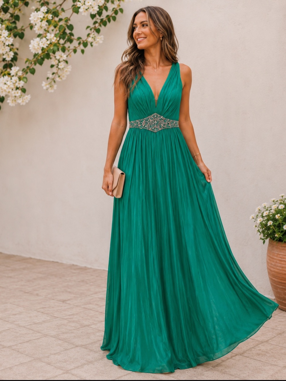 NWT RACHEL ALLAN Jade Rhinestone Maxi Gown, Size 4